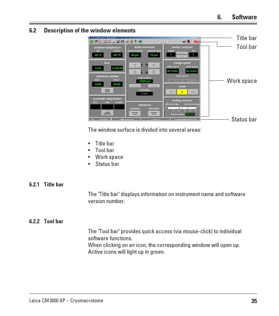 2 description of the window elements, 1 title bar, 2 tool bar | Title bar, Tool bar | Leica Biosystems CM3600 XP User Manual | Page 35 / 114