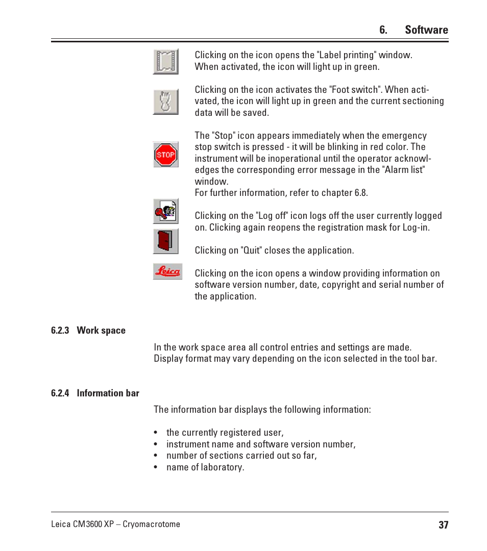 3 work space, 4 information bar, Work space | Information bar, Software | Leica Biosystems CM3600 XP User Manual | Page 37 / 114