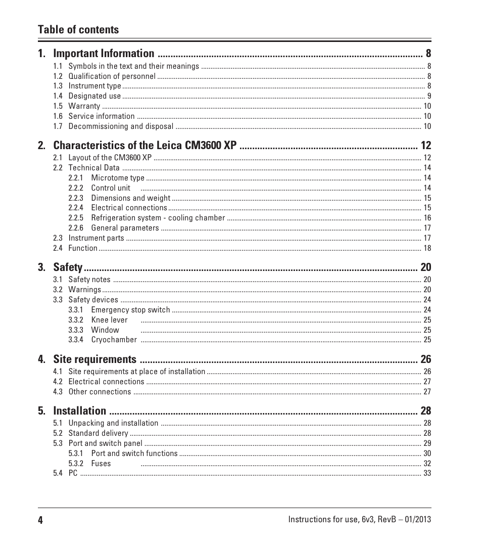 Table of contents 1. important information, Characteristics of the leica cm3600 xp, Safety | Site requirements, Installation | Leica Biosystems CM3600 XP User Manual | Page 4 / 114