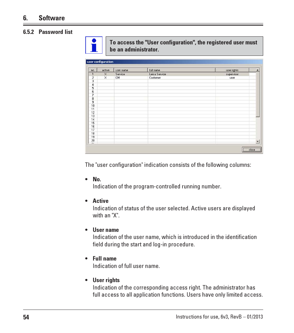 2 password list, Password list, Software | Leica Biosystems CM3600 XP User Manual | Page 54 / 114