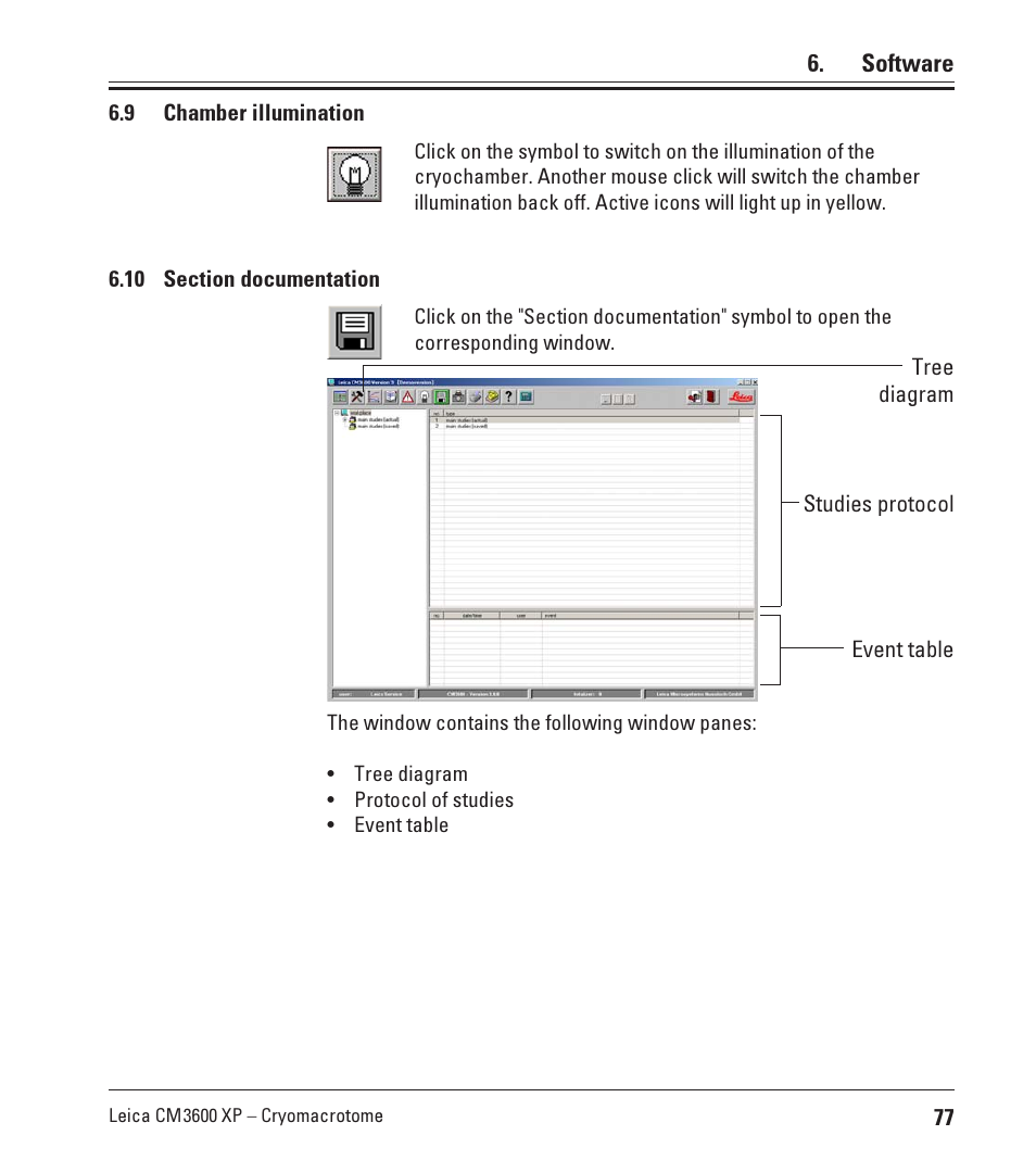 9 chamber illumination, 10 section documentation, 9 chamber illumination 6.10 section documentation | Leica Biosystems CM3600 XP User Manual | Page 77 / 114