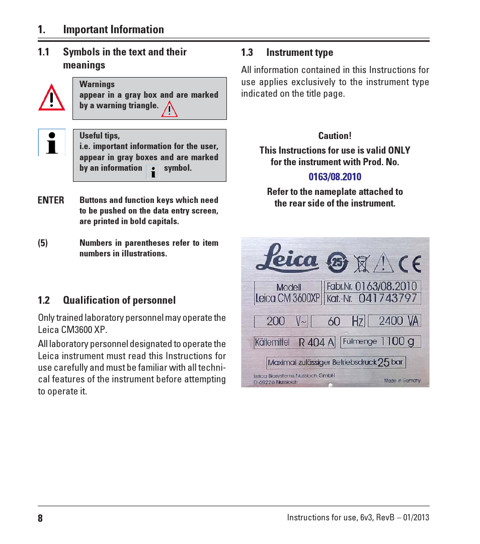 Important information, 1 symbols in the text and their meanings, 2 qualification of personnel | 3 instrument type | Leica Biosystems CM3600 XP User Manual | Page 8 / 114