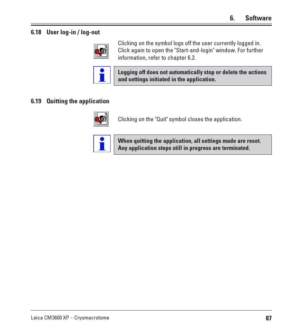 18 user log-in / log-out, 19 quitting the application | Leica Biosystems CM3600 XP User Manual | Page 87 / 114