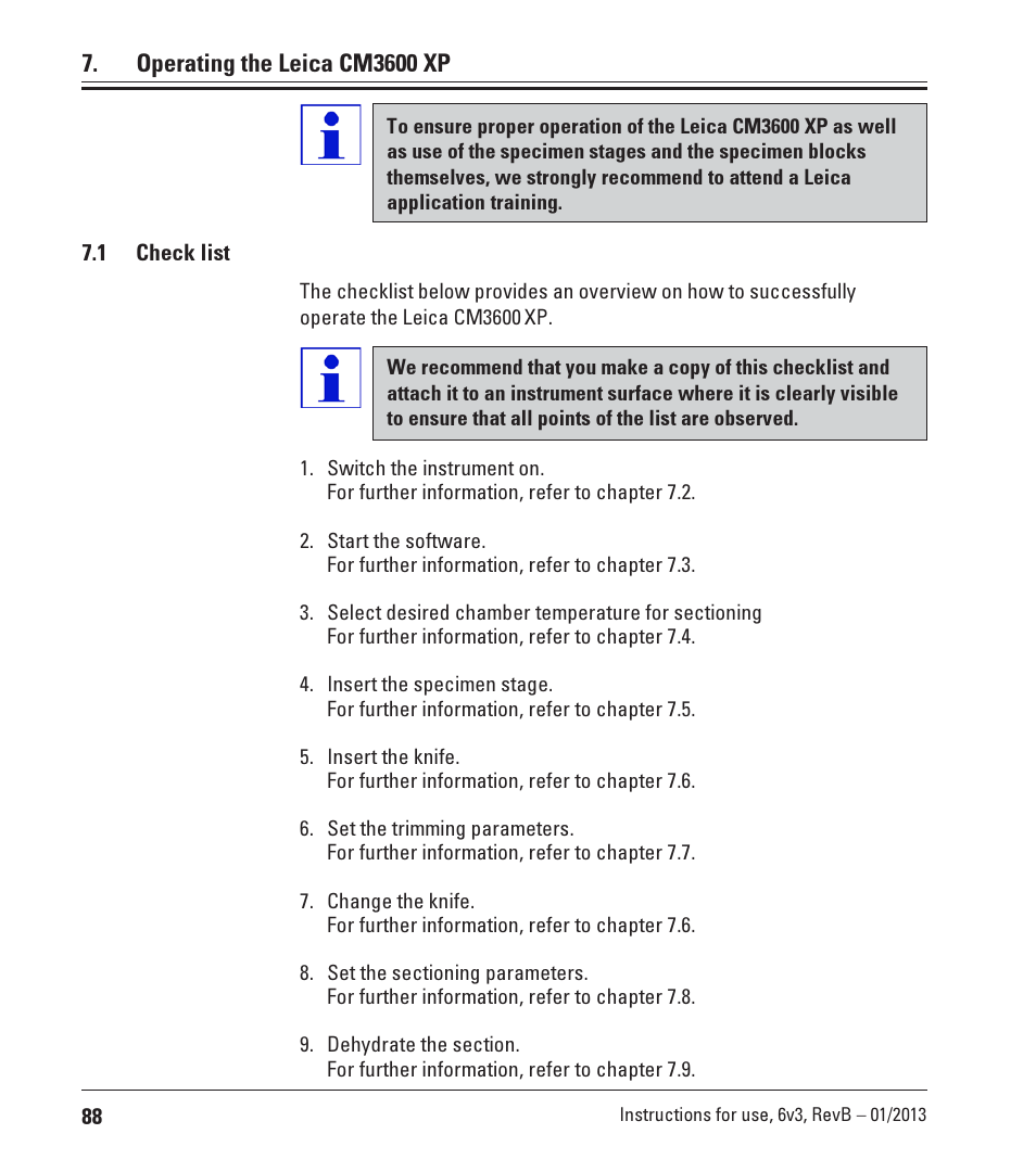 Operating the leica cm3600 xp, 1 check list | Leica Biosystems CM3600 XP User Manual | Page 88 / 114
