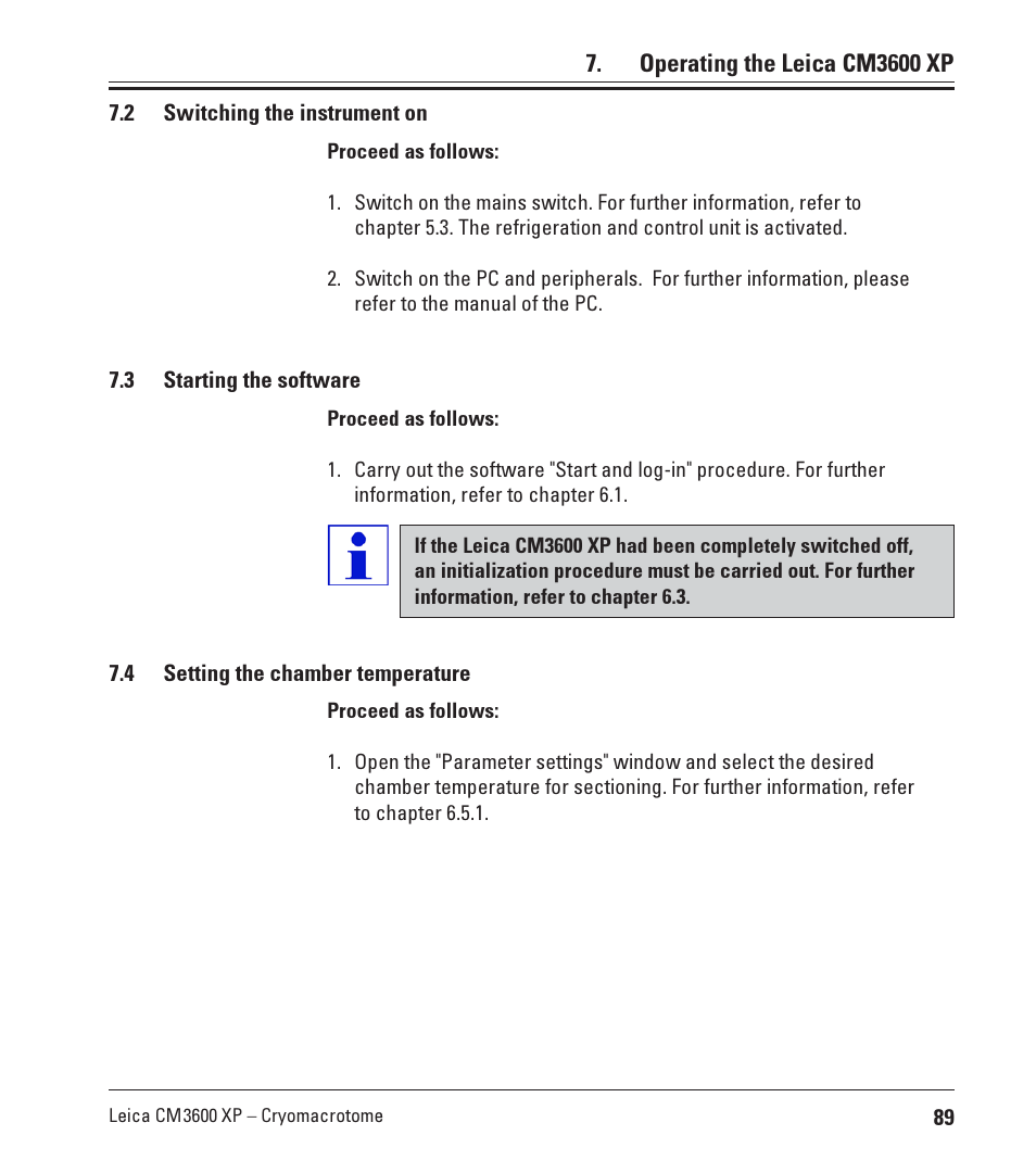 2 switching the instrument on, 3 starting the software, 4 setting the chamber temperature | Leica Biosystems CM3600 XP User Manual | Page 89 / 114