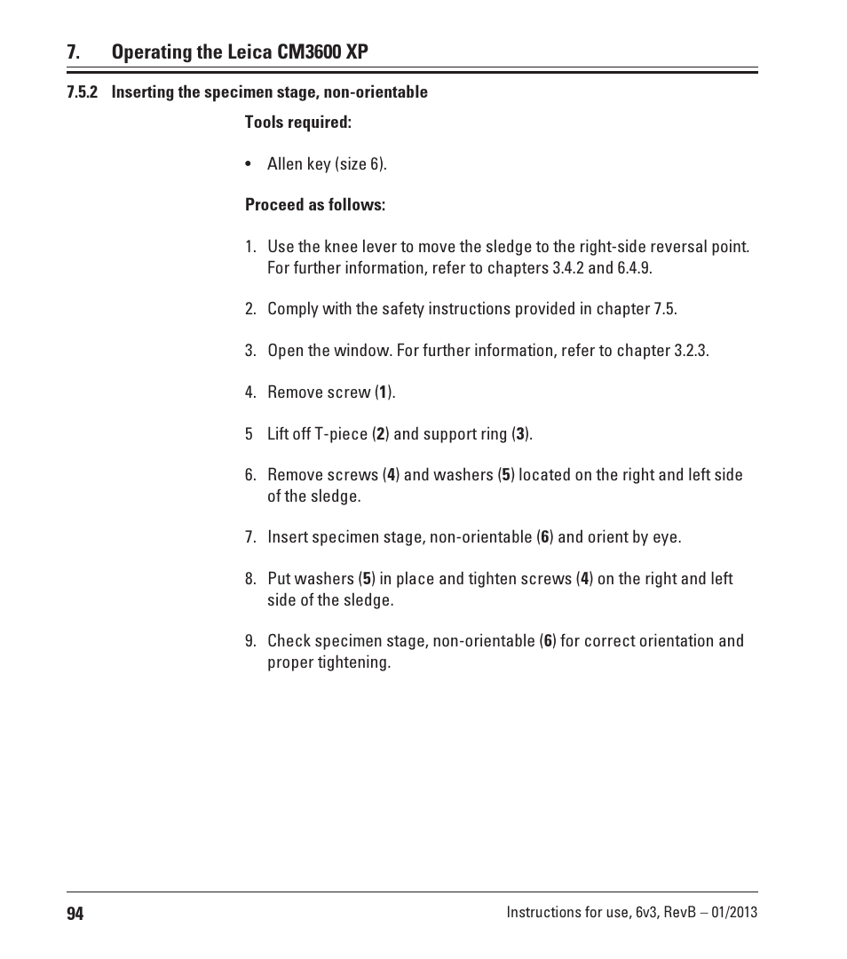 2 inserting the specimen stage, non-orientable, Inserting the specimen stage, non-orientable, Operating the leica cm3600 xp | Leica Biosystems CM3600 XP User Manual | Page 94 / 114