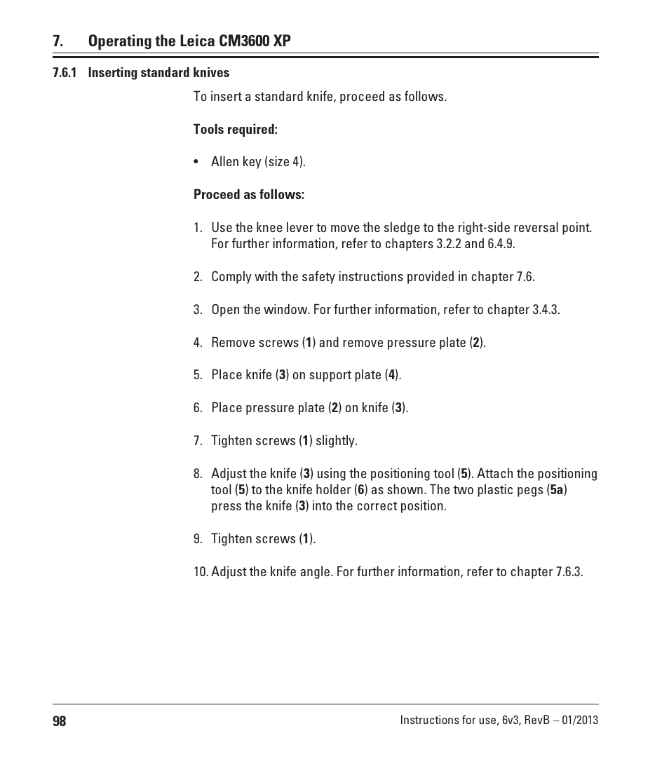 1 inserting standard knives, Inserting standard knives, Operating the leica cm3600 xp | Leica Biosystems CM3600 XP User Manual | Page 98 / 114