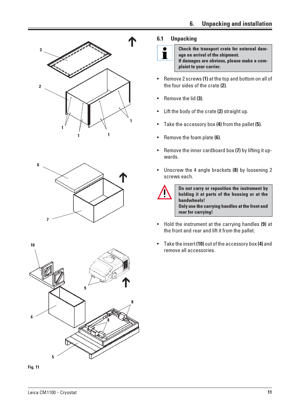 Unpacking and installation, 1 unpacking, Unpacking | Leica Biosystems CM1100 User Manual | Page 11 / 36