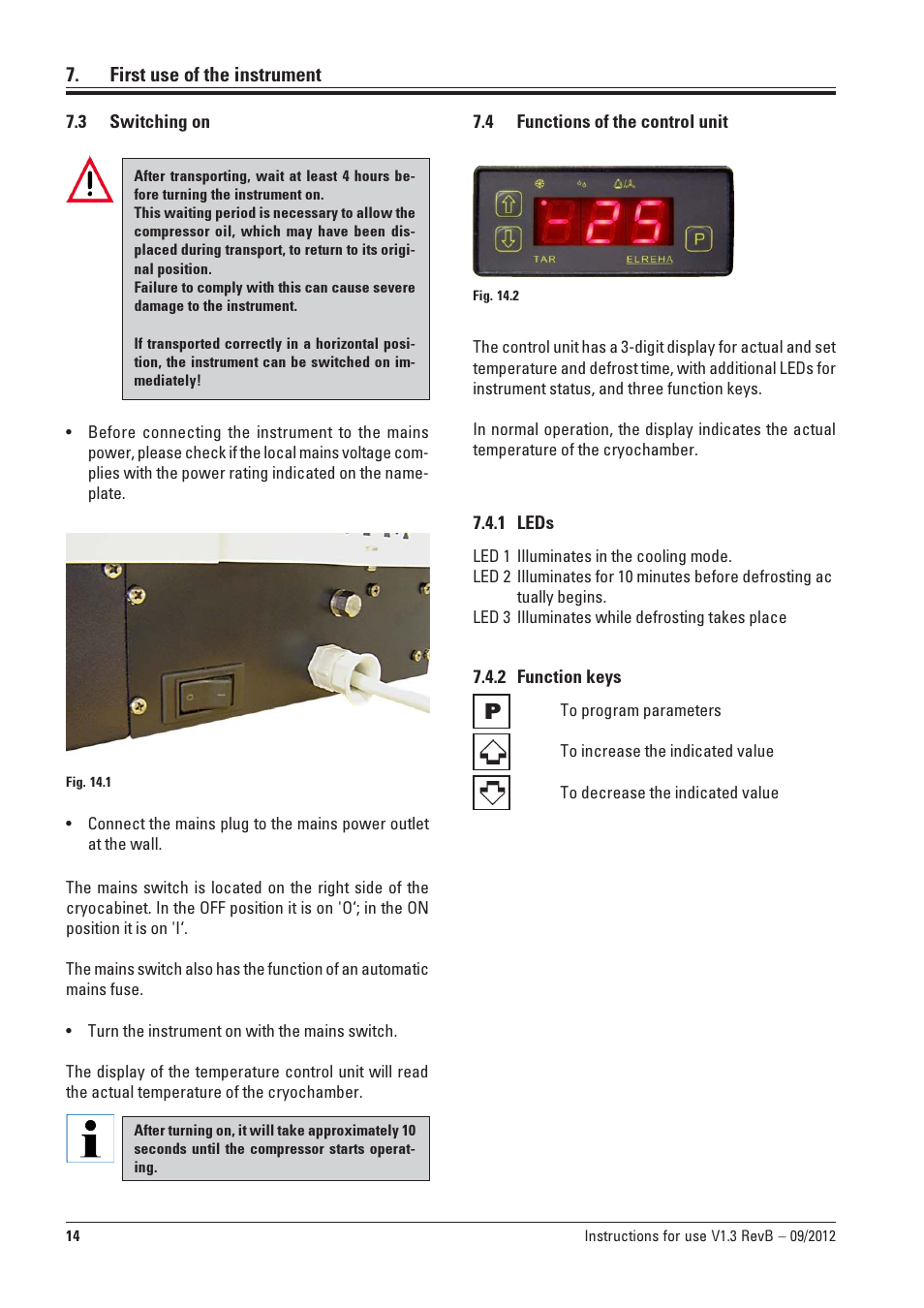 3 switching on, 4 functions of the control unit, 1 leds | 2 function keys, Switching on, Functions of the control unit, Leds, Function keys | Leica Biosystems CM1100 User Manual | Page 14 / 36