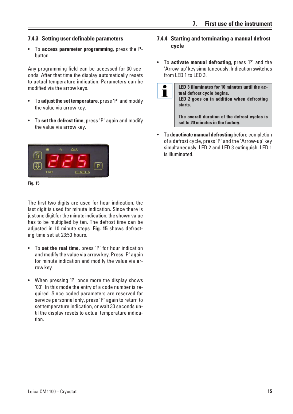 3 setting user definable parameters, 4 starting and terminating a manual defrost cycle, Setting user definable parameters | Starting and terminating a manual defrost cycle | Leica Biosystems CM1100 User Manual | Page 15 / 36