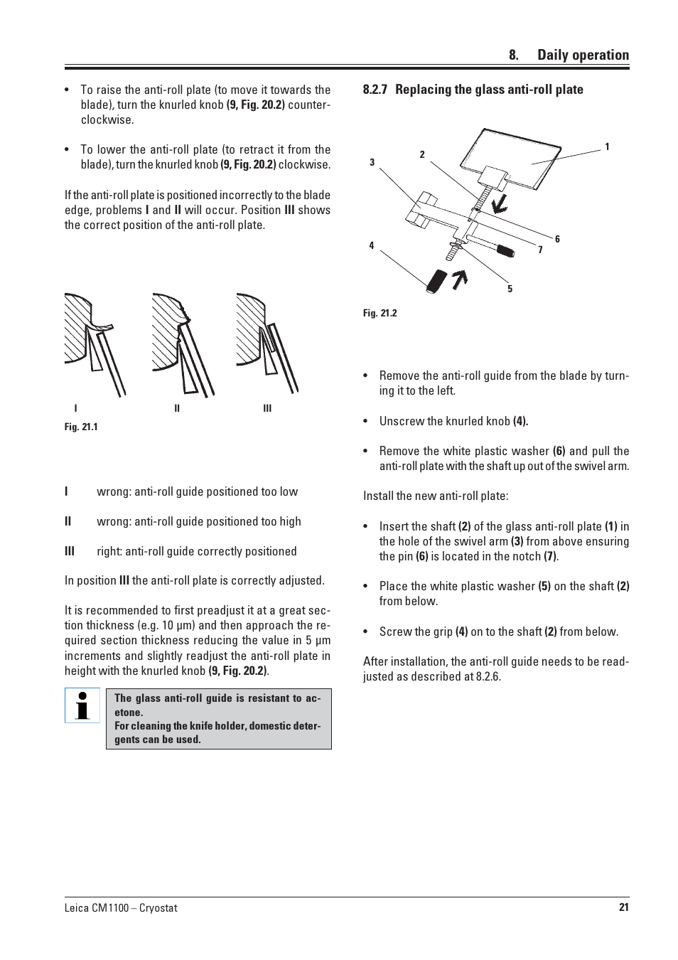 7 replacing the glass anti-roll plate, Replacing the glass anti-roll plate, Daily operation | Leica Biosystems CM1100 User Manual | Page 21 / 36