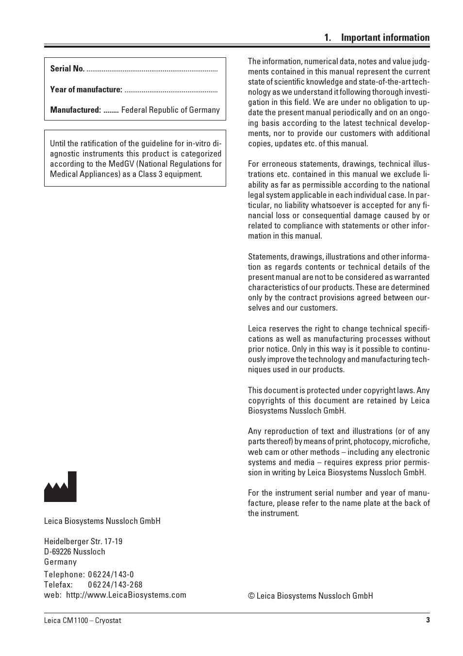 Important information | Leica Biosystems CM1100 User Manual | Page 3 / 36