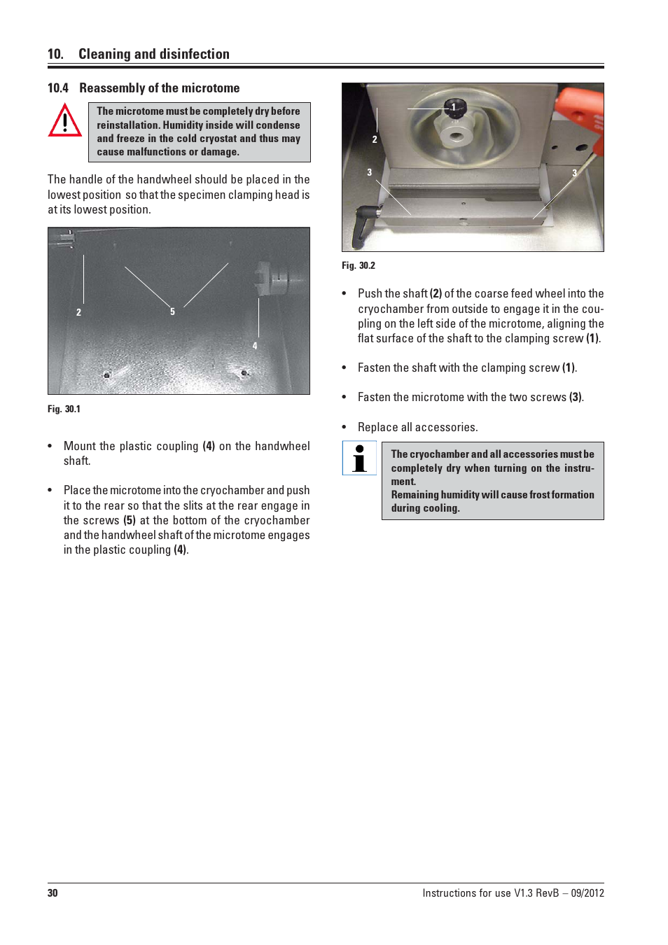 4 reassembly of the microtome, Reassembly of the microtome, Cleaning and disinfection | Leica Biosystems CM1100 User Manual | Page 30 / 36