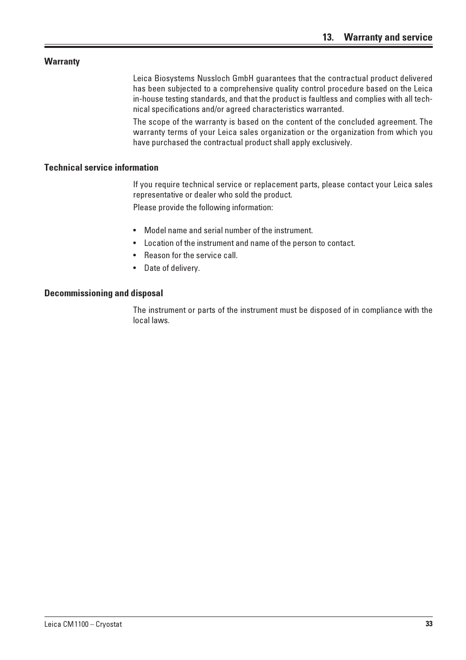 Warranty and service | Leica Biosystems CM1100 User Manual | Page 33 / 36