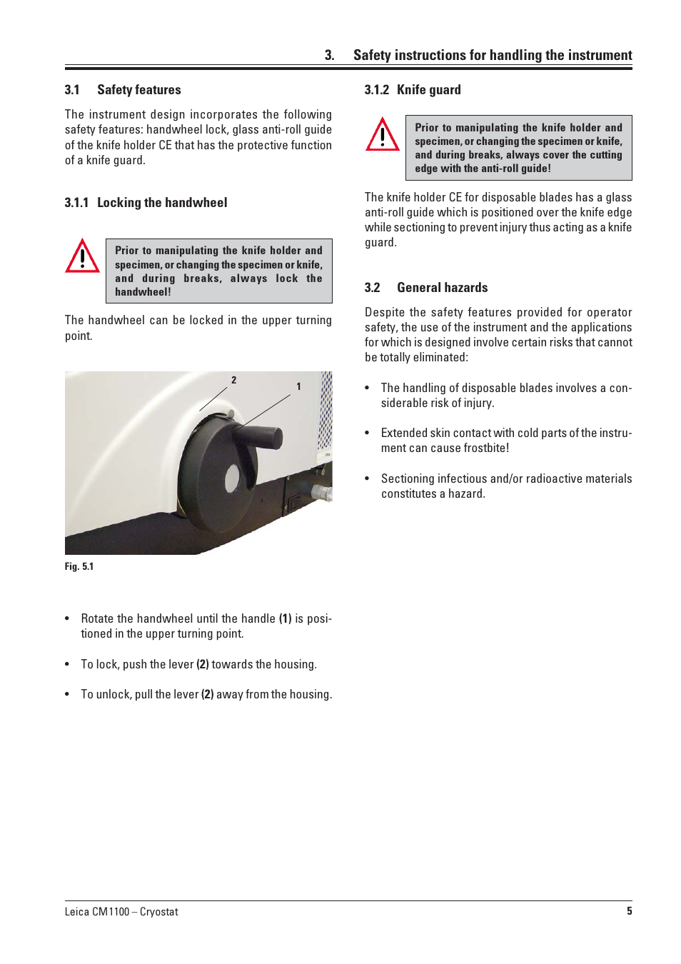 Safety instructions for handling the instrument, 1 safety features, 1 locking the handwheel | 2 knife guard, 2 general hazards, Safety features, Locking the handwheel, Knife guard, General hazards | Leica Biosystems CM1100 User Manual | Page 5 / 36