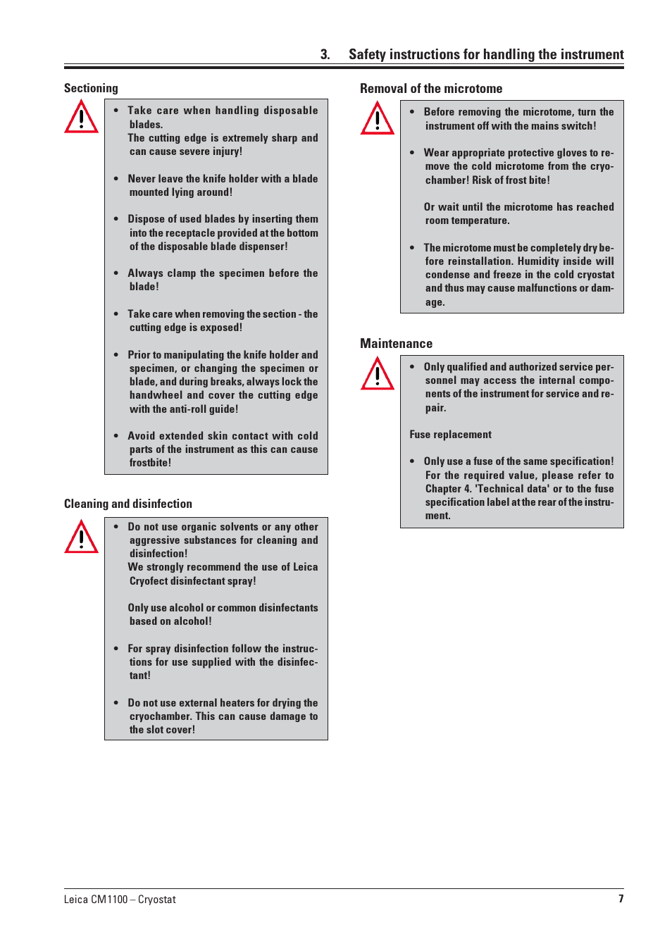 Safety instructions for handling the instrument | Leica Biosystems CM1100 User Manual | Page 7 / 36