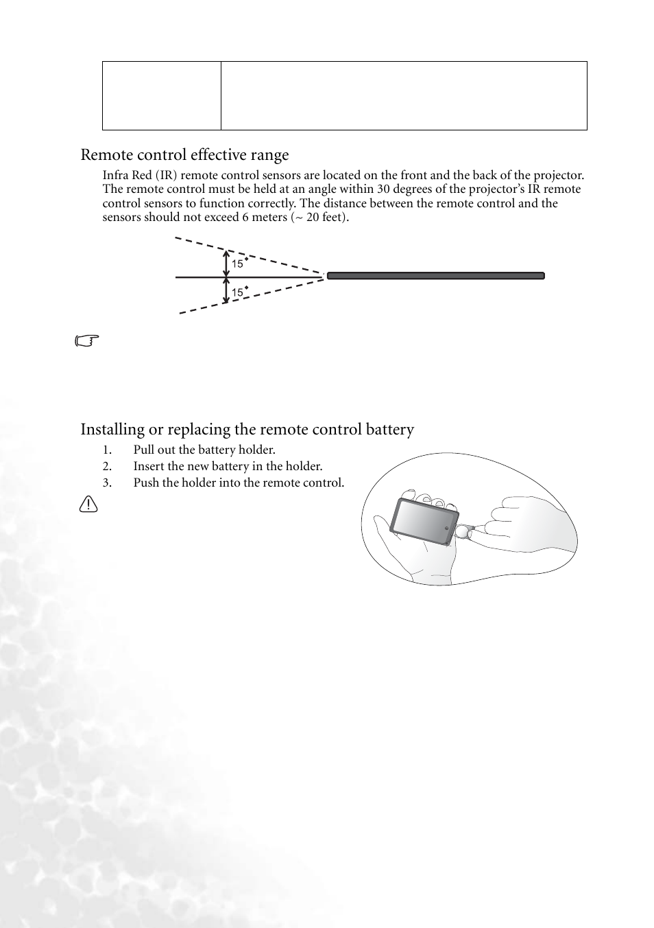 Remote control effective range, Installing or replacing the remote control battery | BenQ PB2250 User Manual | Page 14 / 44