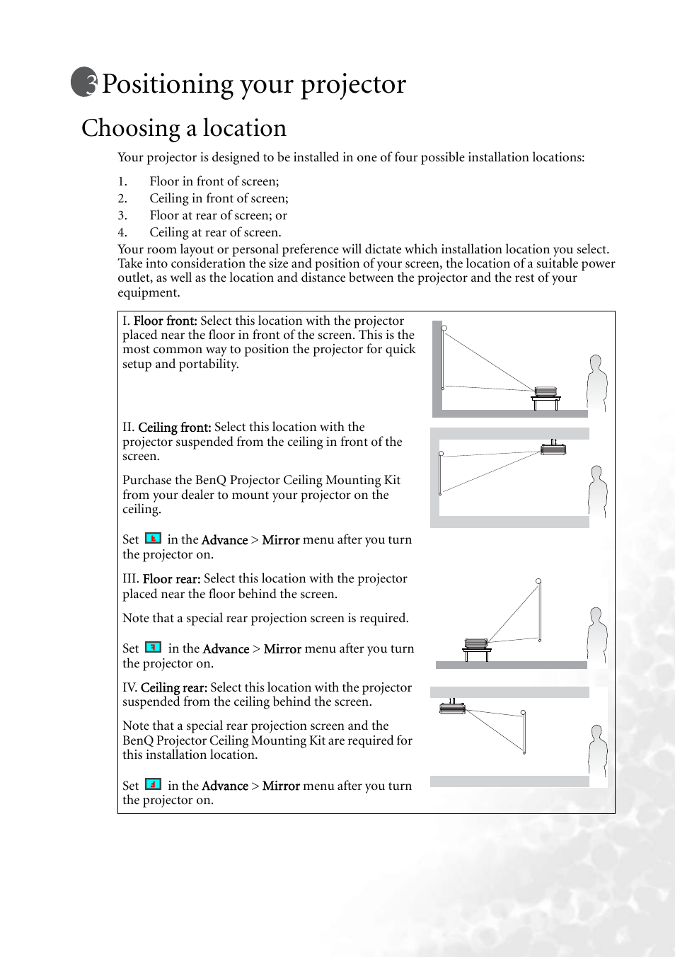 Positioning your projector, Choosing a location | BenQ PB2250 User Manual | Page 15 / 44