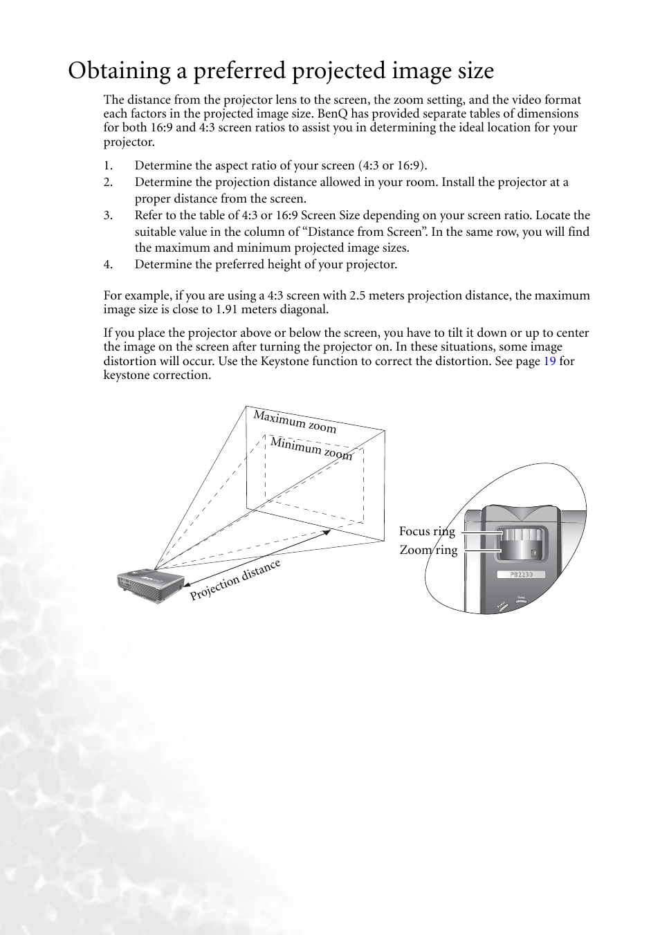 Obtaining a preferred projected image size | BenQ PB2250 User Manual | Page 16 / 44