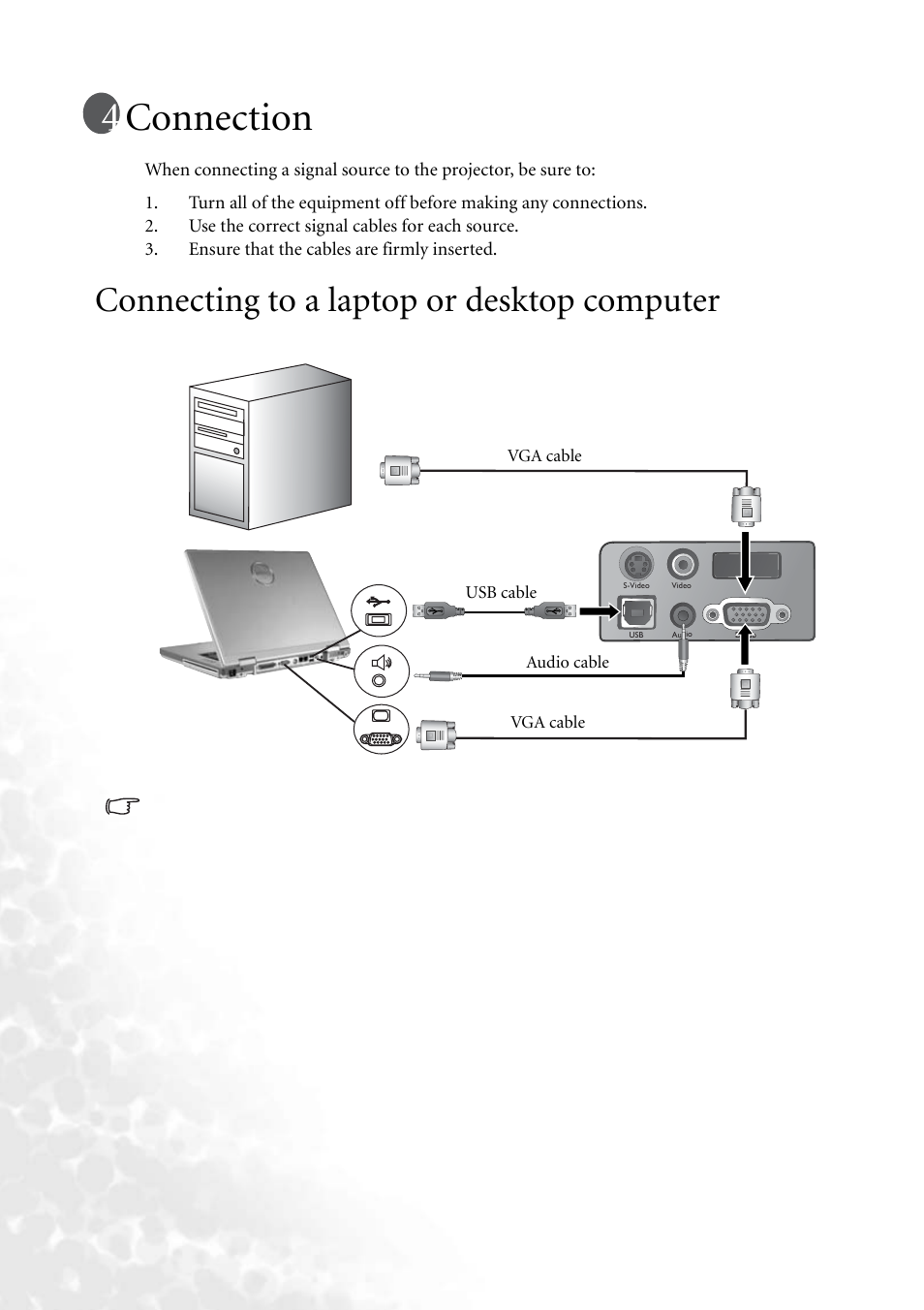 Connection, Connecting to a laptop or desktop computer | BenQ PB2250 User Manual | Page 18 / 44