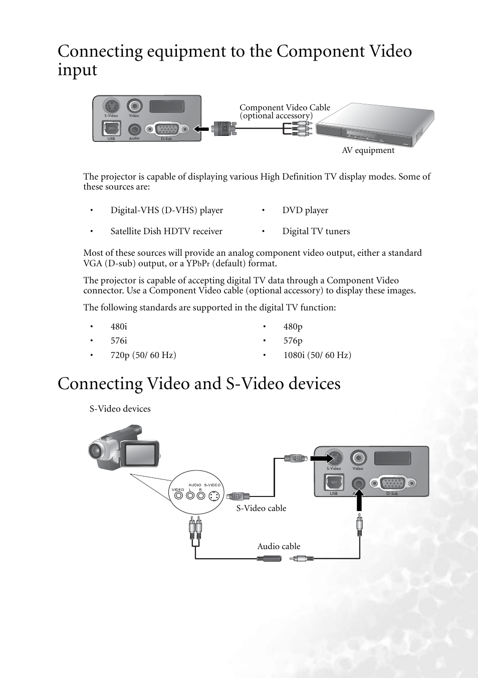 Connecting equipment to the component video input, Connecting video and s-video devices | BenQ PB2250 User Manual | Page 19 / 44