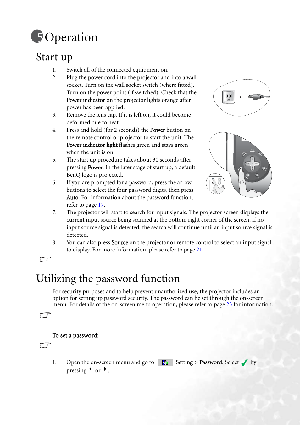 Operation, Start up, Utilizing the password function | Start up utilizing the password function, Ages | BenQ PB2250 User Manual | Page 21 / 44