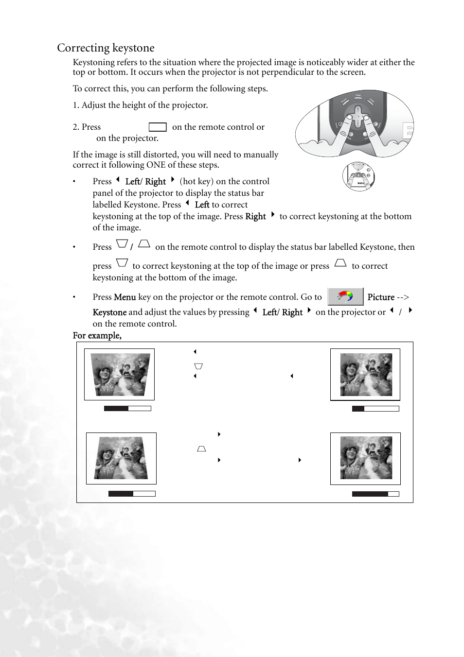 Correcting keystone | BenQ PB2250 User Manual | Page 24 / 44