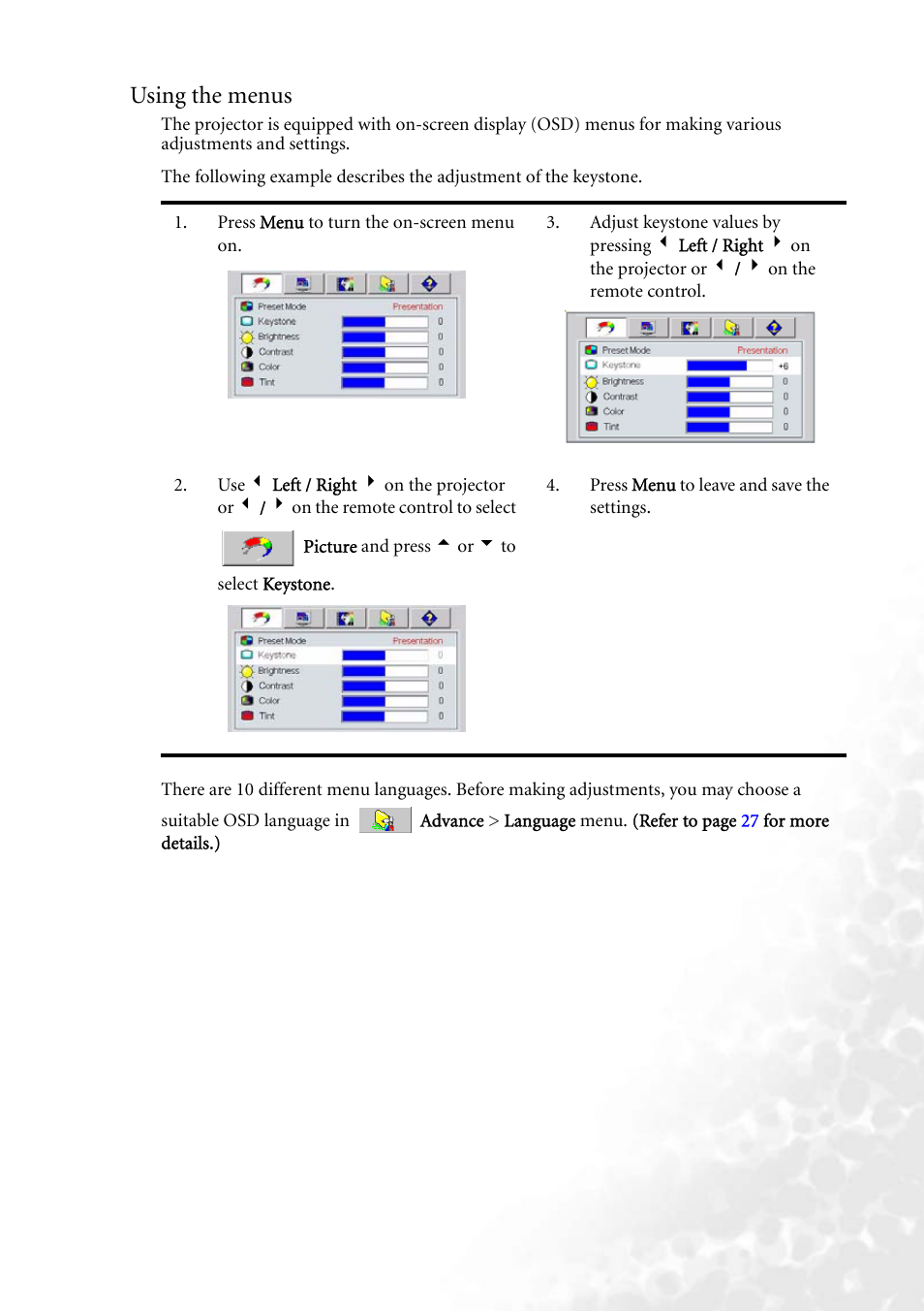 Using the menus | BenQ PB2250 User Manual | Page 27 / 44
