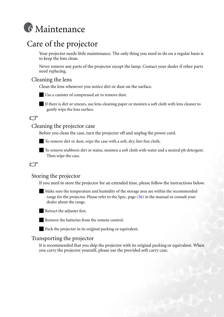 Maintenance, Care of the projector, Cleaning the lens | Cleaning the projector case, Storing the projector, Transporting the projector | BenQ PB2250 User Manual | Page 33 / 44