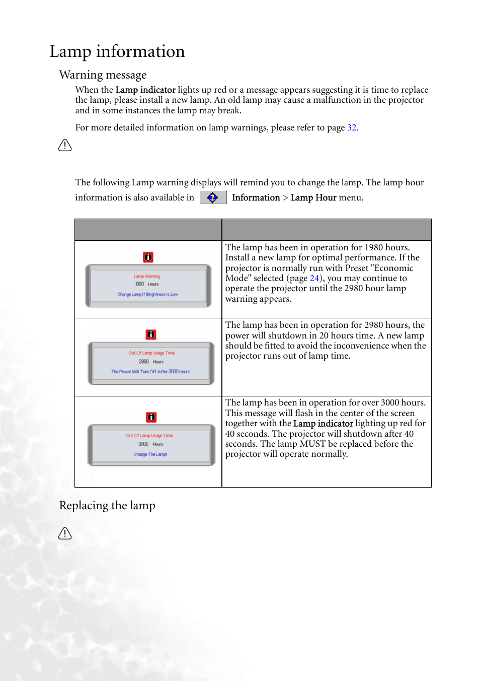 Lamp information, Warning message, Replacing the lamp | Warning message replacing the lamp | BenQ PB2250 User Manual | Page 34 / 44