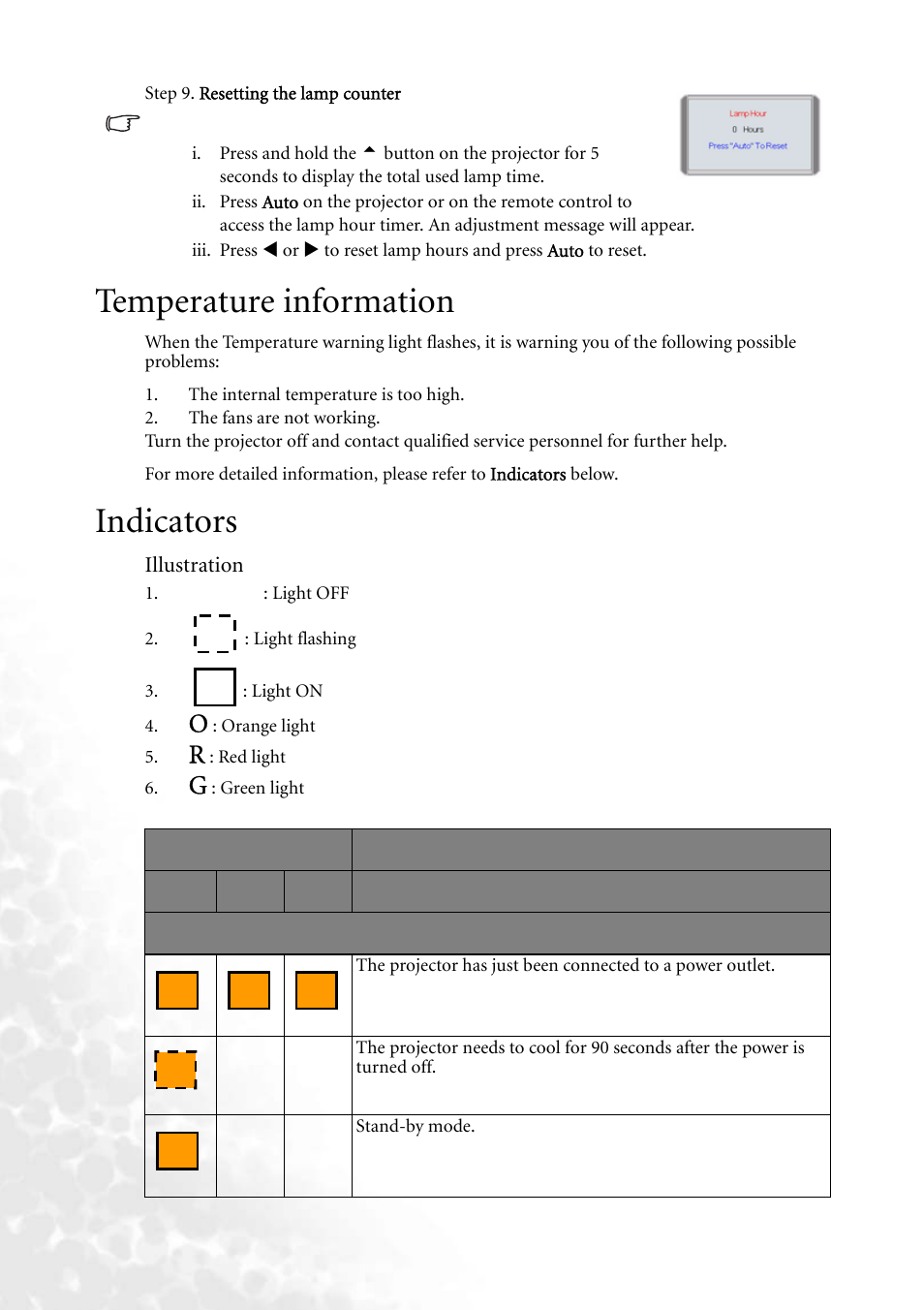 Temperature information, Indicators, Temperature information indicators | For mor | BenQ PB2250 User Manual | Page 36 / 44