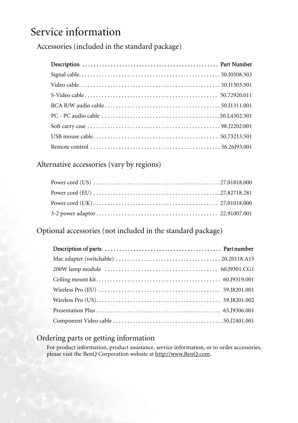 Service information, Accessories (included in the standard package), Alternative accessories (vary by regions) | Ordering parts or getting information | BenQ PB2250 User Manual | Page 38 / 44