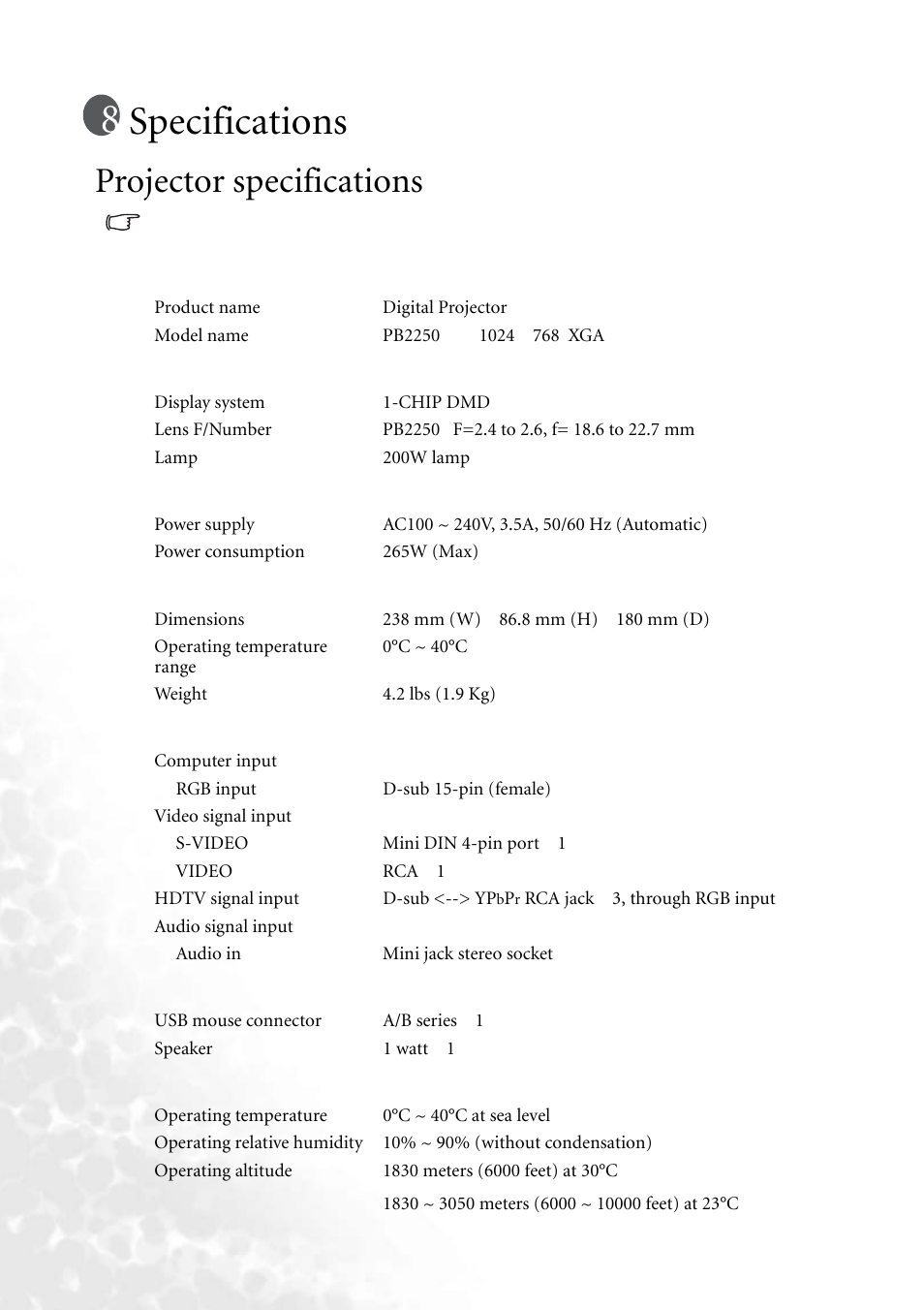 Specifications, Projector specifications | BenQ PB2250 User Manual | Page 40 / 44