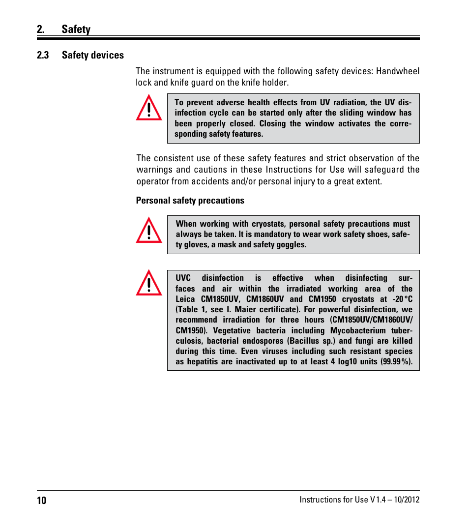 3 safety devices, Safety devices, Safety | Leica Biosystems CM1860/CM1860 UV User Manual | Page 10 / 98