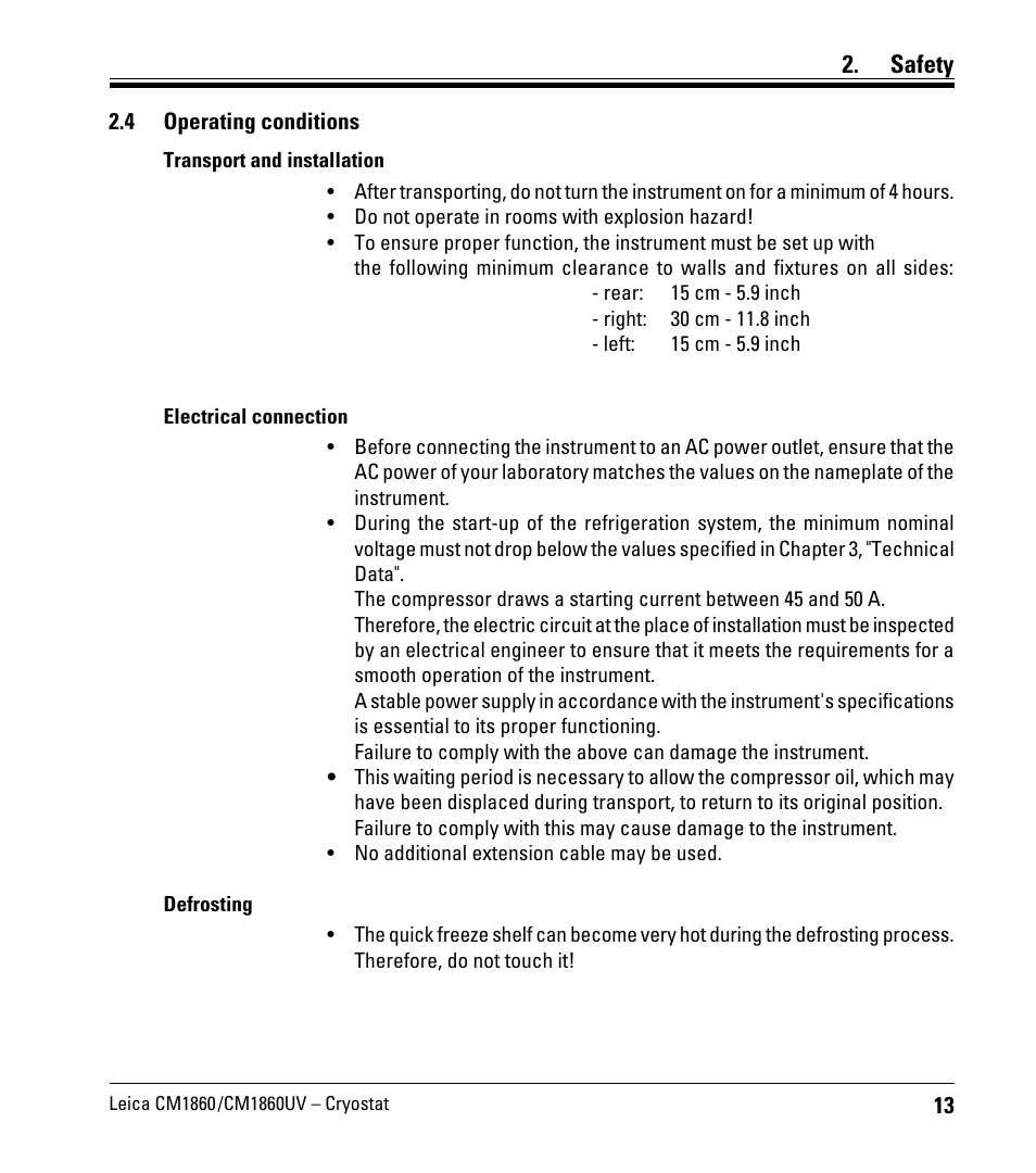 4 operating conditions, Operating conditions, Safety | Leica Biosystems CM1860/CM1860 UV User Manual | Page 13 / 98