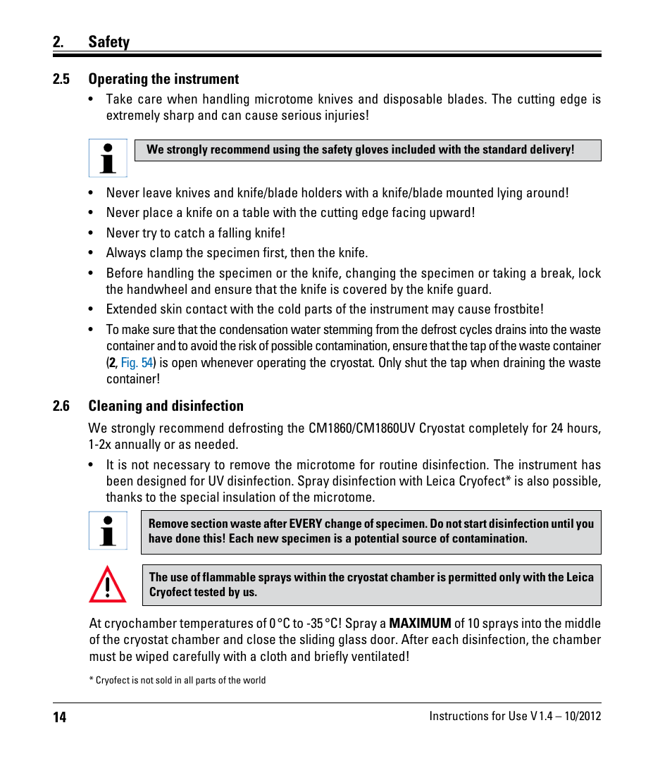 5 operating the instrument, 6 cleaning and disinfection, Operating the instrument | Cleaning and disinfection, Safety | Leica Biosystems CM1860/CM1860 UV User Manual | Page 14 / 98