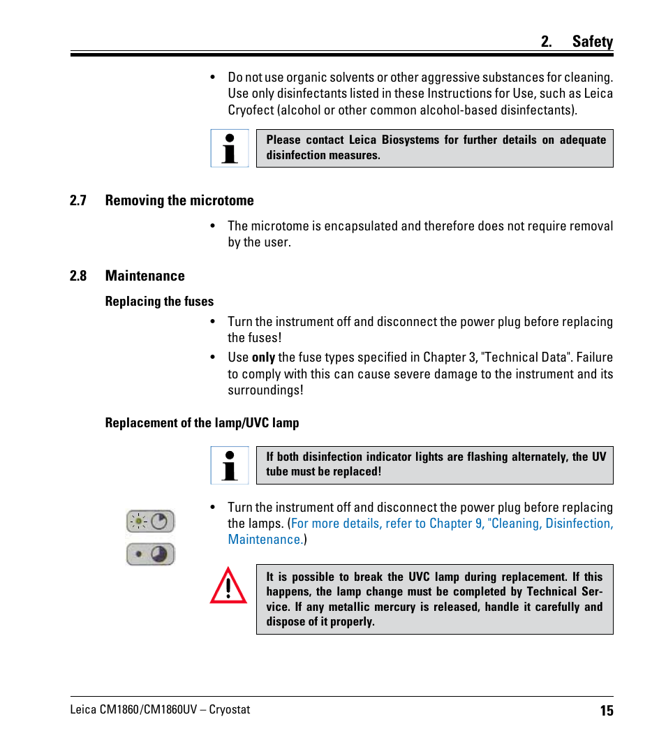 7 removing the microtome, 8 maintenance, Removing the microtome | Safety | Leica Biosystems CM1860/CM1860 UV User Manual | Page 15 / 98