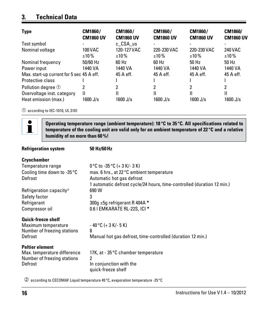 Technical data | Leica Biosystems CM1860/CM1860 UV User Manual | Page 16 / 98