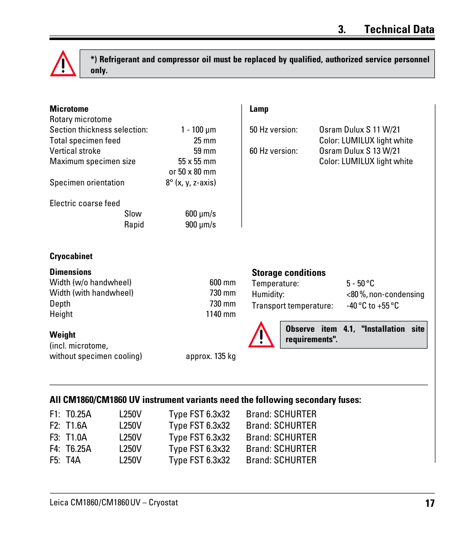 Technical data | Leica Biosystems CM1860/CM1860 UV User Manual | Page 17 / 98