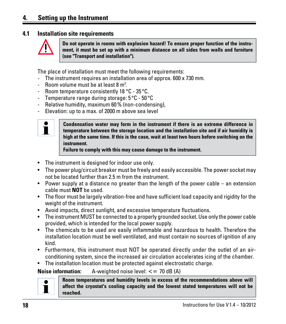 Setting up the instrument, 1 installation site requirements, Installation site requirements | Leica Biosystems CM1860/CM1860 UV User Manual | Page 18 / 98