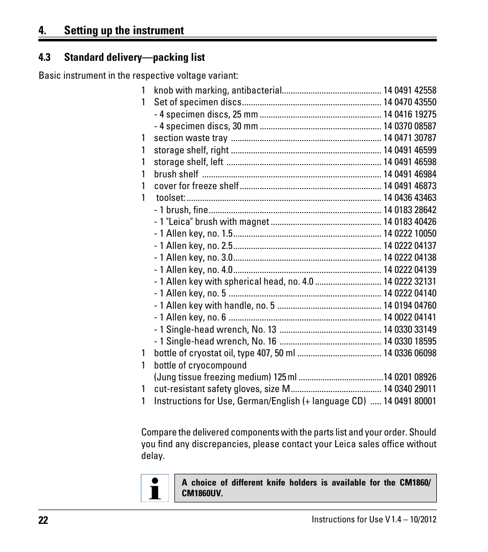 3 standard delivery—packing list, Standard delivery—packing list, Setting up the instrument | Leica Biosystems CM1860/CM1860 UV User Manual | Page 22 / 98