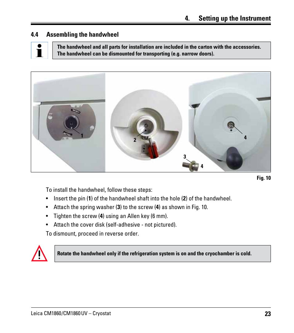 4 assembling the handwheel, Assembling the handwheel, Setting up the instrument | Leica Biosystems CM1860/CM1860 UV User Manual | Page 23 / 98