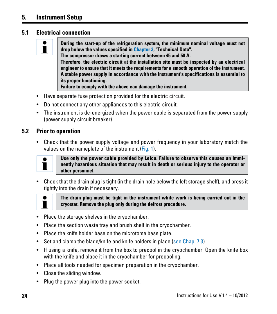 Instrument setup, 1 electrical connection, 2 prior to operation | Electrical connection, Prior to operation | Leica Biosystems CM1860/CM1860 UV User Manual | Page 24 / 98