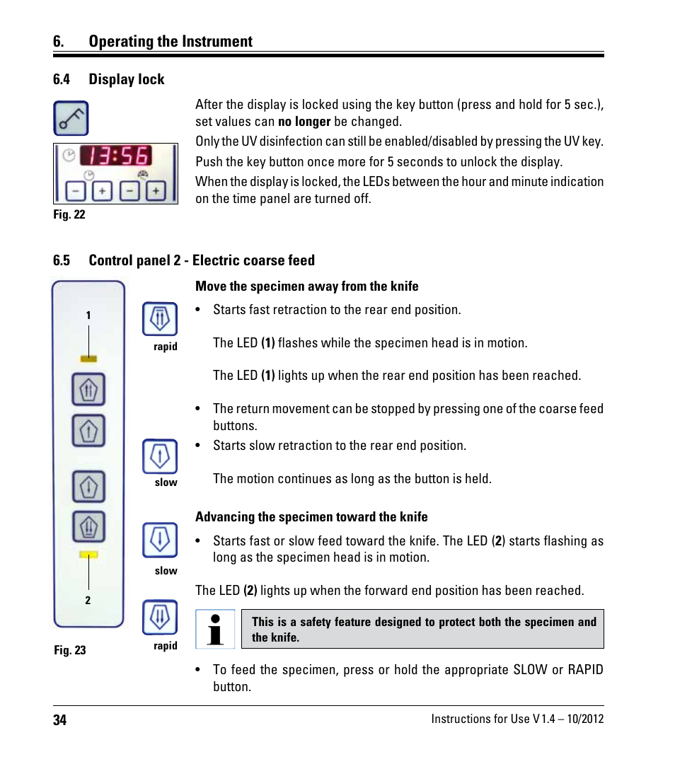 4 display lock, 5 control panel 2 - electric coarse feed, Display lock | Control panel 2 - electric coarse feed, Operating the instrument | Leica Biosystems CM1860/CM1860 UV User Manual | Page 34 / 98