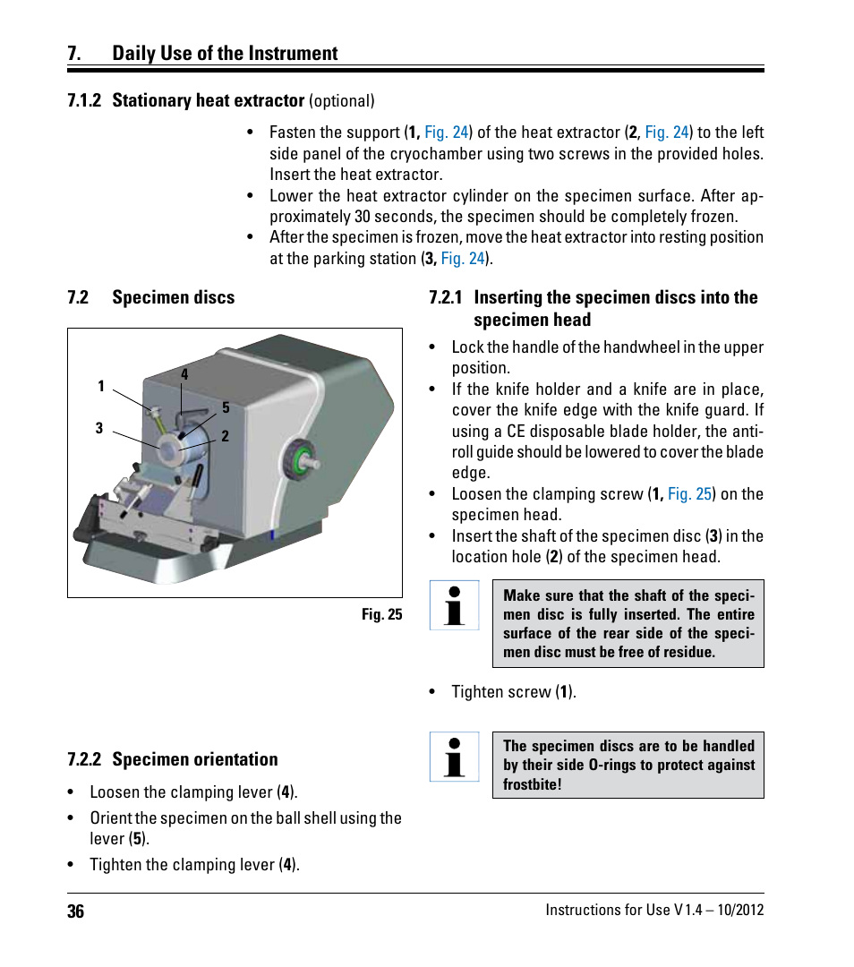 2 stationary heat extractor (optional), 2 specimen discs, 2 specimen orientation | 2 stationary heat extractor, Optional), Specimen discs, Daily use of the instrument | Leica Biosystems CM1860/CM1860 UV User Manual | Page 36 / 98