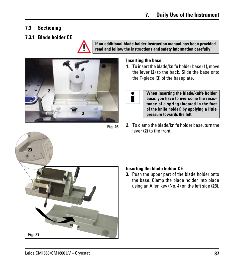 3 sectioning, 1 blade holder ce, Daily use of the instrument | Leica Biosystems CM1860/CM1860 UV User Manual | Page 37 / 98