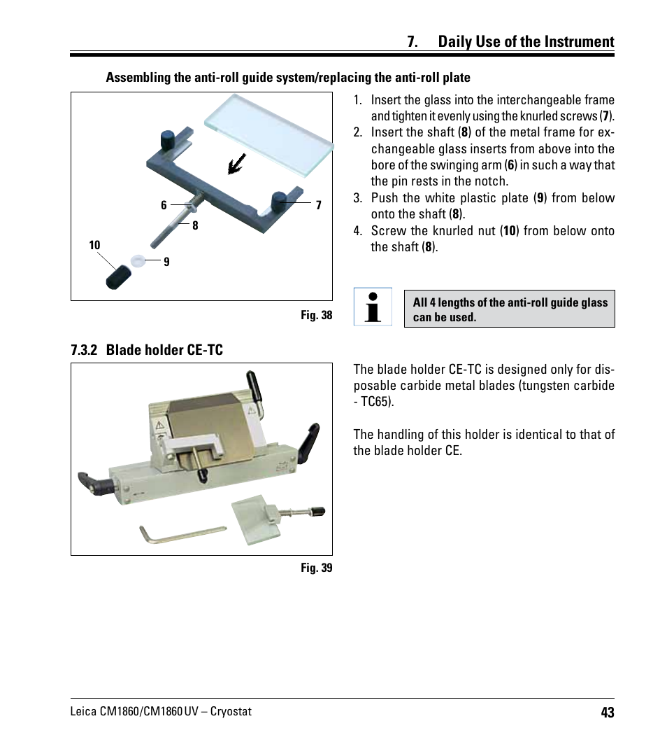 2 blade holder ce-tc, Daily use of the instrument | Leica Biosystems CM1860/CM1860 UV User Manual | Page 43 / 98