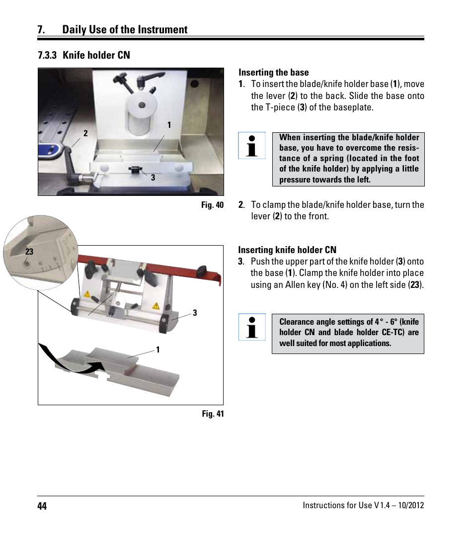 3 knife holder cn, Daily use of the instrument | Leica Biosystems CM1860/CM1860 UV User Manual | Page 44 / 98