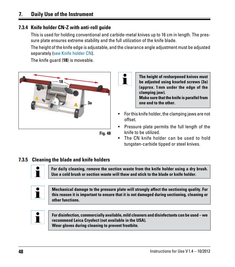 4 knife holder cn-z with anti-roll guide, 5 cleaning the blade and knife holders, Daily use of the instrument | Leica Biosystems CM1860/CM1860 UV User Manual | Page 48 / 98