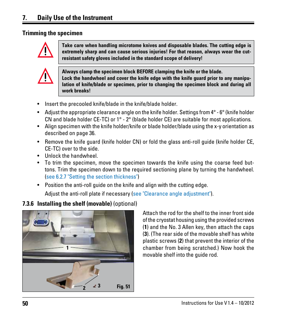 6 installing the shelf (movable) (optional), Daily use of the instrument | Leica Biosystems CM1860/CM1860 UV User Manual | Page 50 / 98